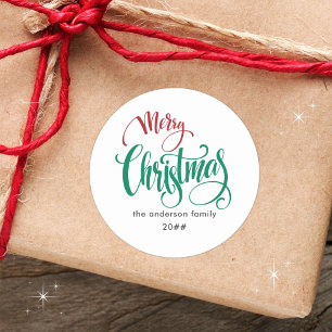Modern Minimalist Merry Christmas Family Name Classic Round Sticker