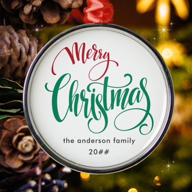 Modern Minimalist Merry Christmas Family Name Metal Ornament (Available in additional types of ornaments and products. Merry Christmas!)