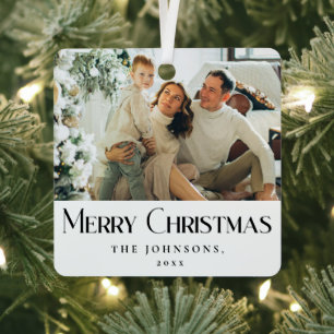 Modern Minimalist Merry Christmas Family Photo Metal Ornament