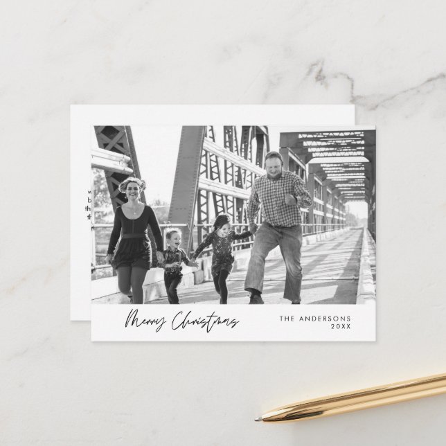 Modern Minimalist, Merry Christmas Family Photo Postcard (Front/Back In Situ)