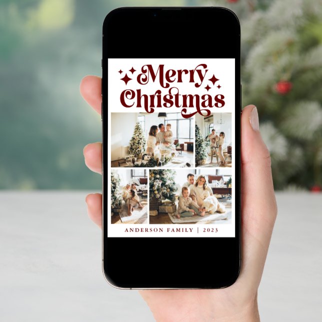 Modern Minimalist Merry Christmas Four Photo Retro Holiday Card (Front Digital)