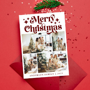 Modern Minimalist Merry Christmas Four Photo Retro Holiday Card