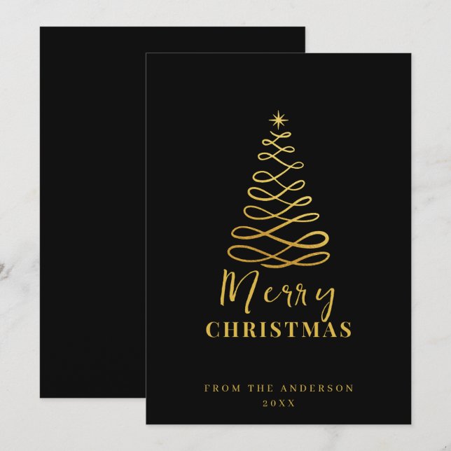 Modern Minimalist Merry Christmas Gold Black Holiday Card (Front/Back)