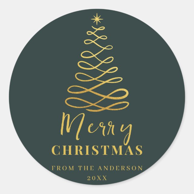 Modern Minimalist Merry Christmas Gold Green Classic Round Sticker (Front)