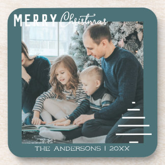 Modern Minimalist Merry Christmas Green Pine Tree Beverage Coaster
