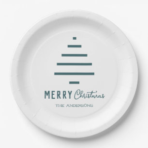 Modern Minimalist Merry Christmas Green Pine Tree  Paper Plates
