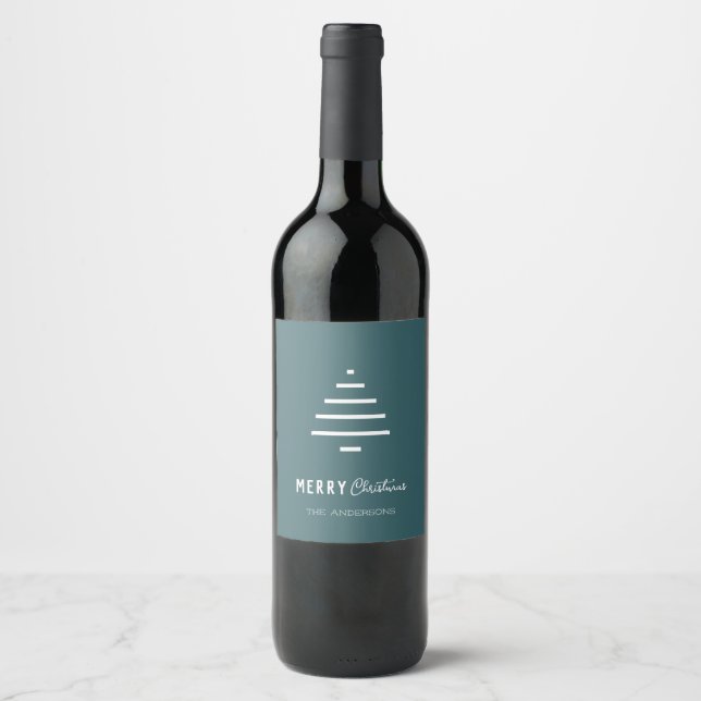 Modern Minimalist Merry Christmas Green Pine Tree  Wine Label (Front)