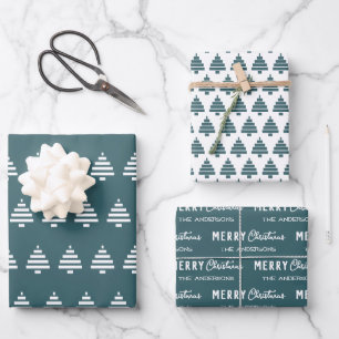 Modern Minimalist Merry Christmas Green Pine Tree Wrapping Paper Sheets
