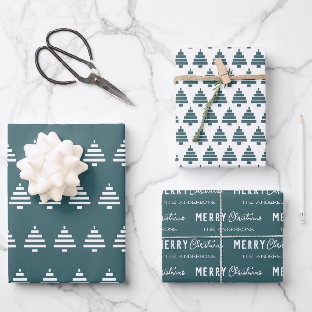 Modern Minimalist Merry Christmas Green Pine Tree  Wrapping Paper Sheets (Front)