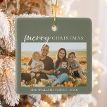 Modern Minimalist Merry Christmas Photo Ceramic Ornament<br><div class="desc">Merry Christmas ! Send your warm wishes to friends and family this holiday season with a customizable photo collage Christmas ornament featuring simple modern typography. Personalize by adding your custom photos,  names,  year and other details. This minimal Christmas ornament is available in other colors.</div>