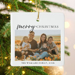 Modern Minimalist Merry Christmas Photo Ceramic Ornament<br><div class="desc">Merry Christmas ! Send your warm wishes to friends and family this holiday season with a customizable photo collage Christmas ornament featuring simple modern typography. Personalize by adding your custom photos,  names,  year and other details. This minimal Christmas ornament is available in other colors.</div>