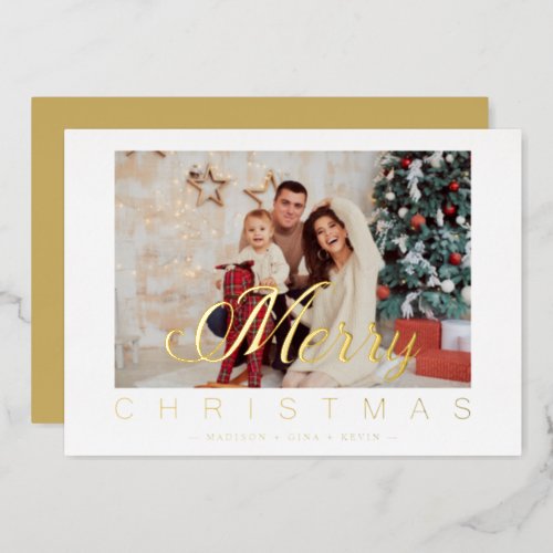 Modern Minimalist Merry Christmas Photo Family Foil Holiday Card