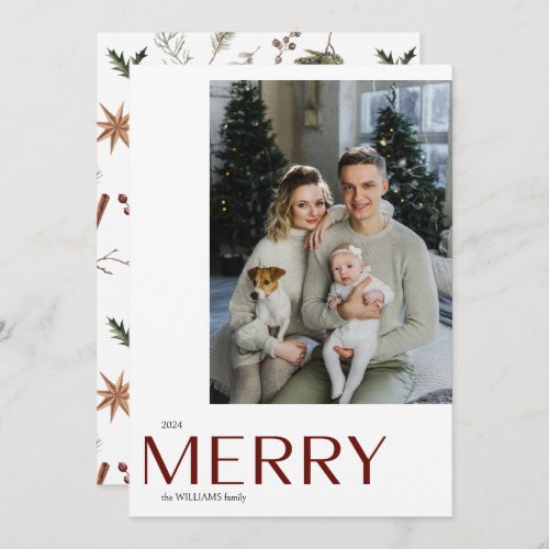 Modern Minimalist Merry Photo Watercolor Christmas Holiday Card