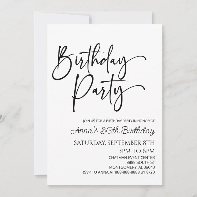 Modern Minimalist Minimal Simple Birthday Party Invitation (Front)