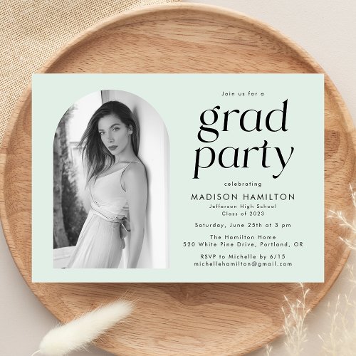 Modern Minimalist Mint Arch Photo Graduation Party Invitation