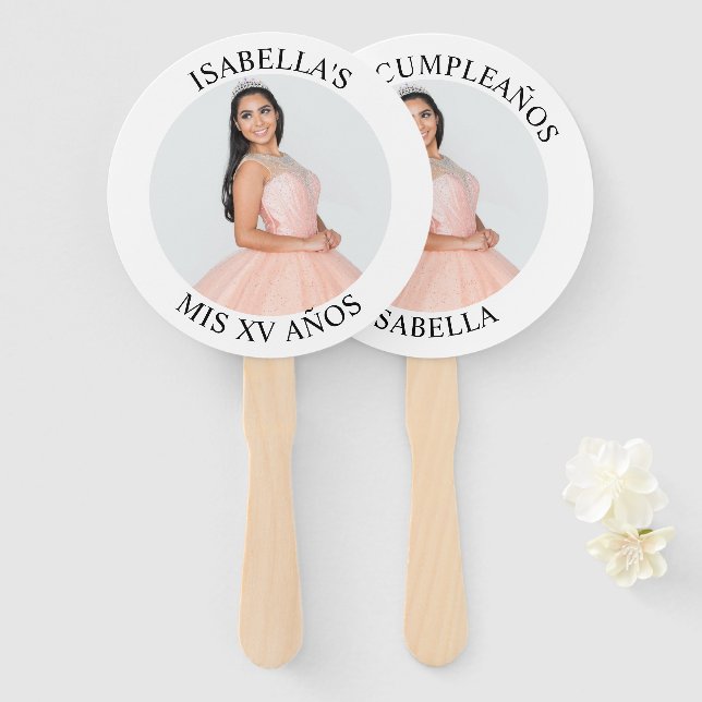Modern Minimalist Mis XV Años Round Photo Hand Fan (Front and Back)