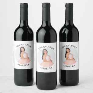 Modern Minimalist Mis XV Años Round Photo Wine Label