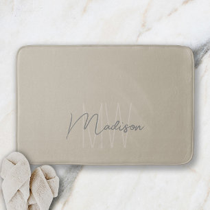 Modern Minimalist Monogram Beige Script Name Bath Mat