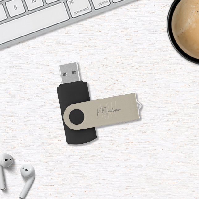 Modern Minimalist Monogram Beige Script Name Flash Drive (Modern Minimalist Monogram Beige Script Name Flash Drive)