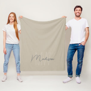 Modern Minimalist Monogram Beige Script Name Fleece Blanket