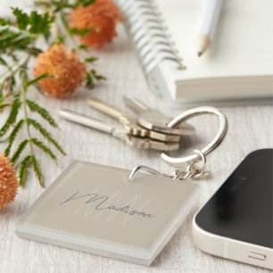 Modern Minimalist Monogram Beige Script Name Keychain