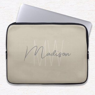 Modern Minimalist Monogram Beige Script Name Laptop Sleeve