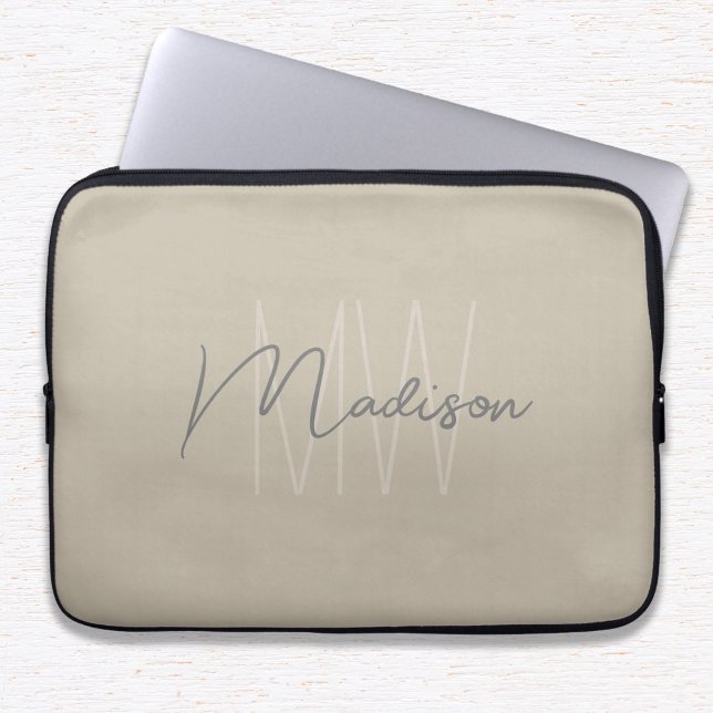 Modern Minimalist Monogram Beige Script Name Laptop Sleeve (Modern Minimalist Monogram Beige Script Name Laptop Sleeve)