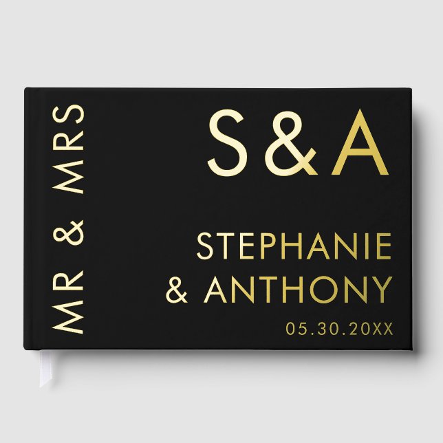 Modern Minimalist Monogram Black and Gold Wedding Foil Guest Book (Front)