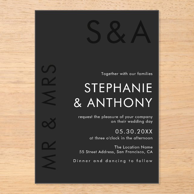 Modern Minimalist Monogram Black and White Wedding Acrylic Invitations (Front)