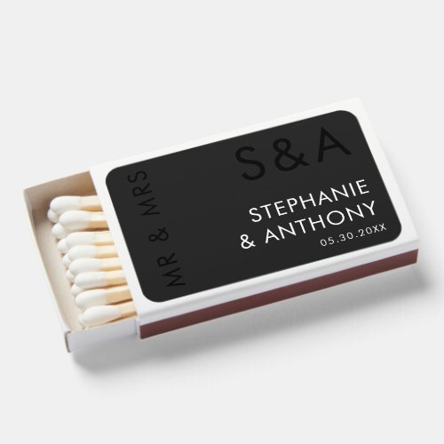 Modern Minimalist Monogram Black and White Wedding Matchboxes