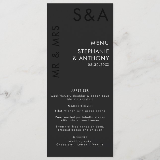 Modern Minimalist Monogram Black and White Wedding Menu (Front)