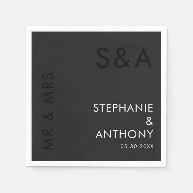 Modern Minimalist Monogram Black and White Wedding Napkins (Front)