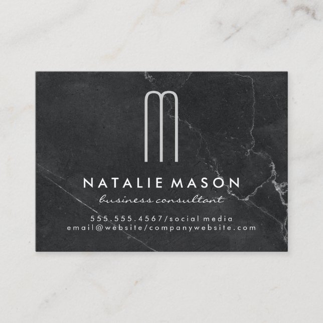 Modern Minimalist Monogram Black Marble Business Card (Front)