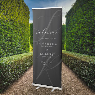 Modern Minimalist Monogram Black Wedding Welcome Retractable Banner