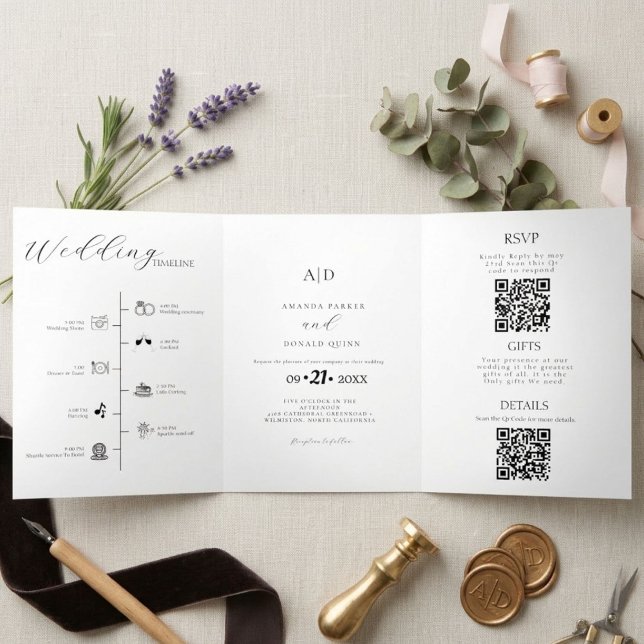 Modern Minimalist Monogram Black & White Wedding  Tri-Fold Invitation (Creator Uploaded)