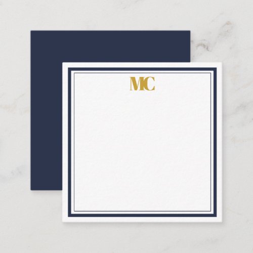 Modern Minimalist Monogram Border Navy Blue Gold Note Card