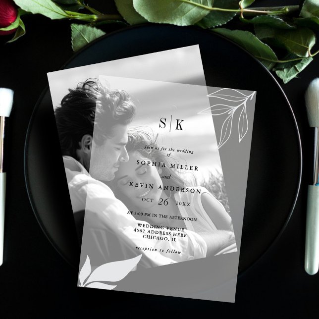 Modern Minimalist Monogram Branch Leaves Wedding Vellum Invitations (Creator Uploaded)
