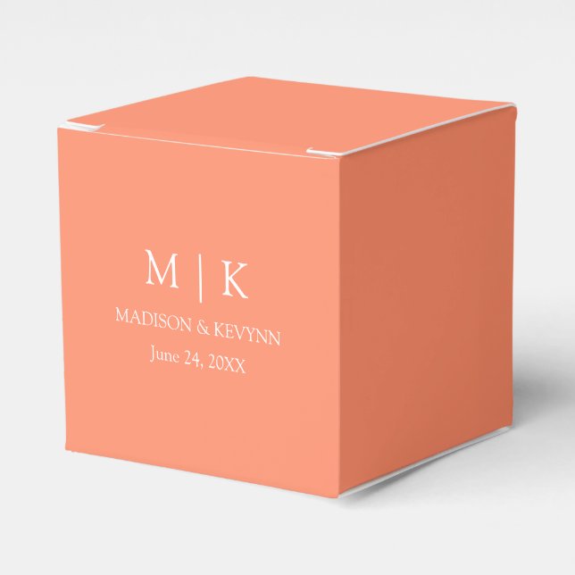 Modern Minimalist Monogram Coral Peach Wedding Favor Boxes (Front Side)