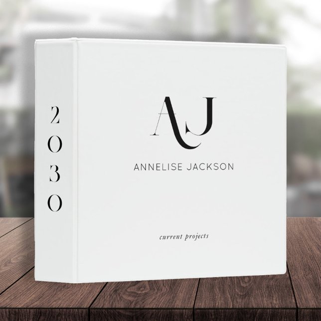 Modern minimalist monogram elegant black and white 3 ring binder (Creator Uploaded)