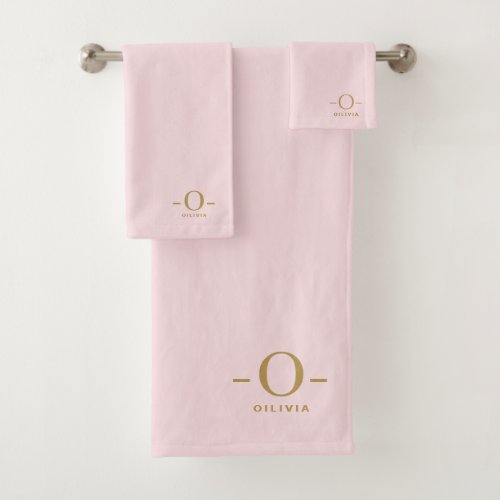 Modern Minimalist Monogram Gold Pink Bath Towel Set