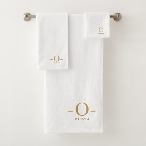 Modern Minimalist Monogram Gold White Bath Towel Set