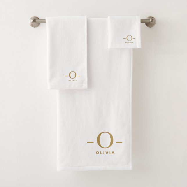 Modern Minimalist Monogram Gold White Bath Towel Set (Insitu)
