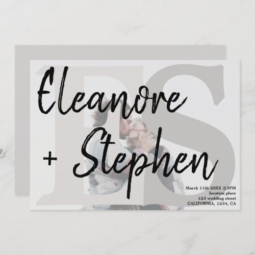 Modern minimalist monogram gray photo wedding invitation