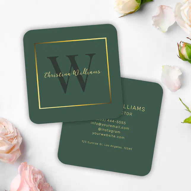 Modern Minimalist Monogram Green Gold Elegant Square Business Card | Zazzle
