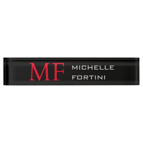 Modern Minimalist Monogram Initial Plain Red Black Desk Name Plate