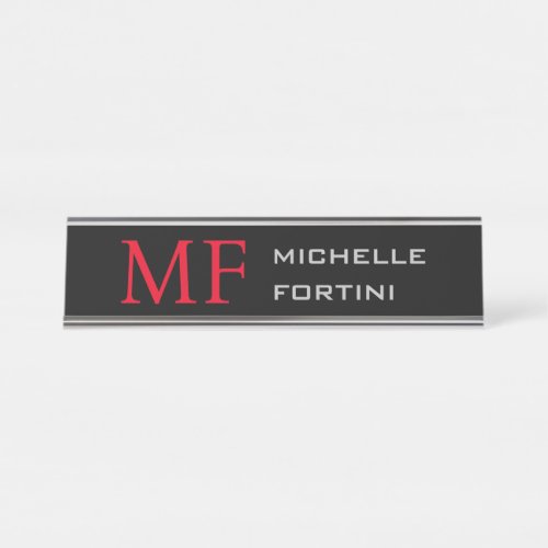 Modern Minimalist Monogram Initial Plain Red Black Desk Name Plate