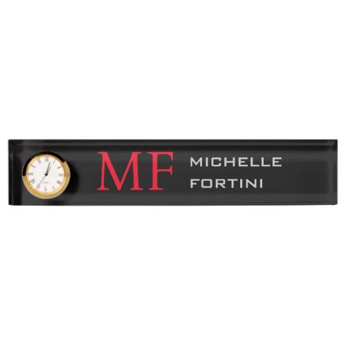 Modern Minimalist Monogram Initial Plain Red Black Desk Name Plate