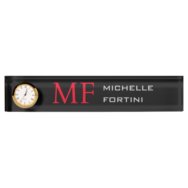 Modern Minimalist Monogram Initial Plain Red Black Desk Name Plate (Front)