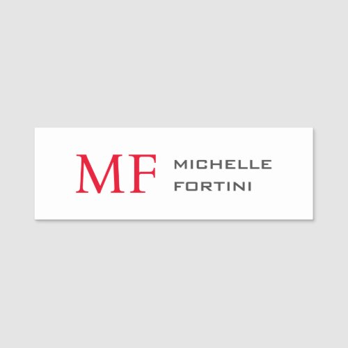 Modern Minimalist Monogram Initial Plain Red White Name Tag