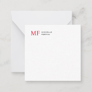 Modern Minimalist Monogram Initial Plain Red White Note Card